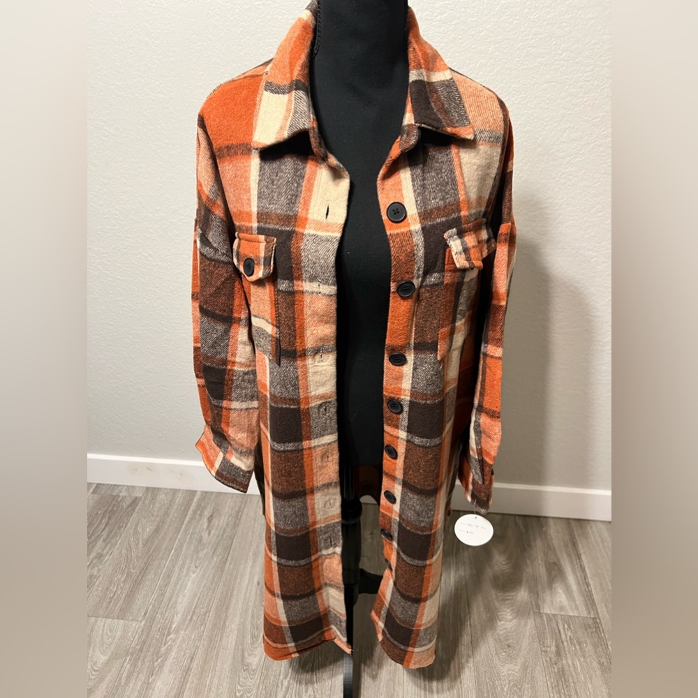 Plaid long coat, color: orange, tan and brown. Size: medium.